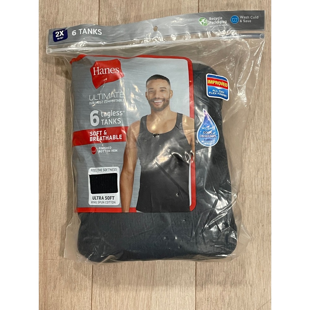 Hanes Ultimate Tank Tops Mens 2XL Black Grey New 6 Pack Tagless Ribbed Cotton